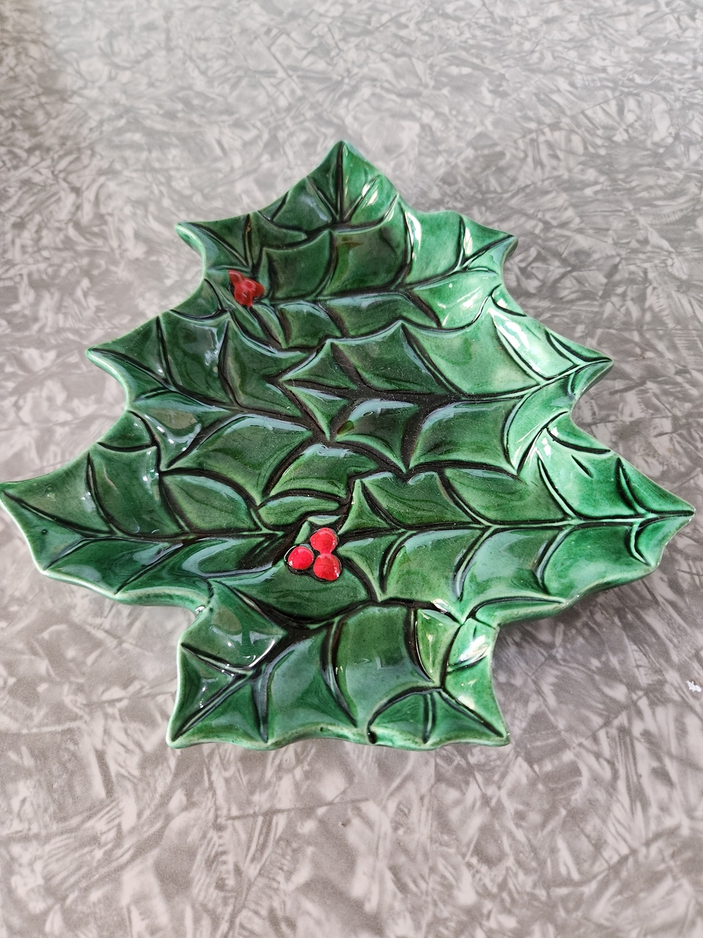 Green Holly Leaf Ceramic Holiday Dish